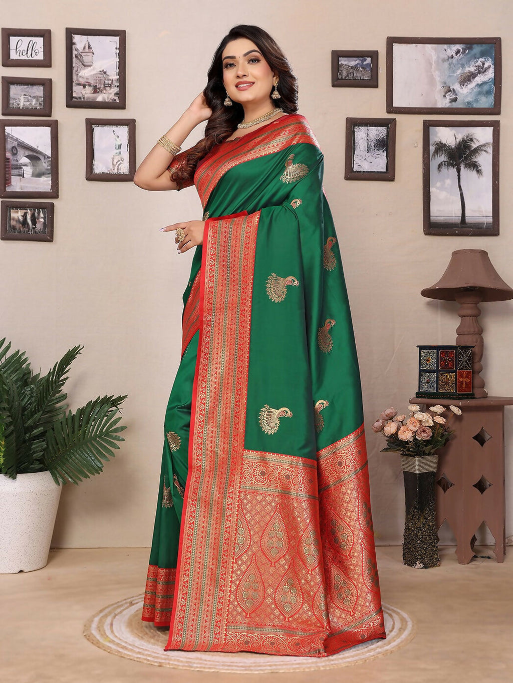 Joban Fashion Banarasi Green Small Butti Soft Silk Saree