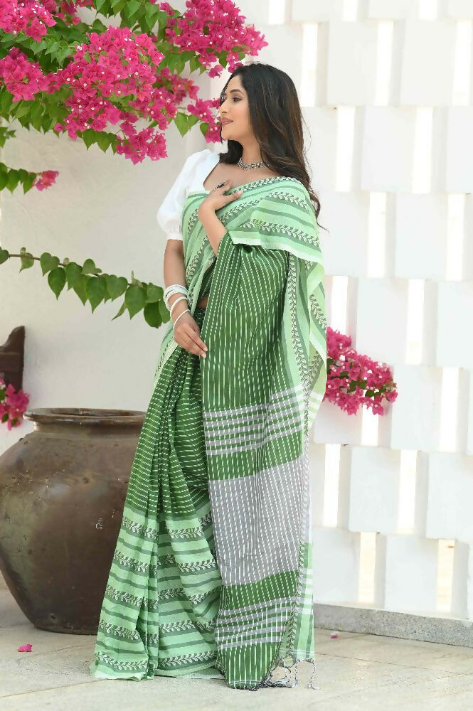 Beatitude Green Cotton Tanchori Handloom Saree