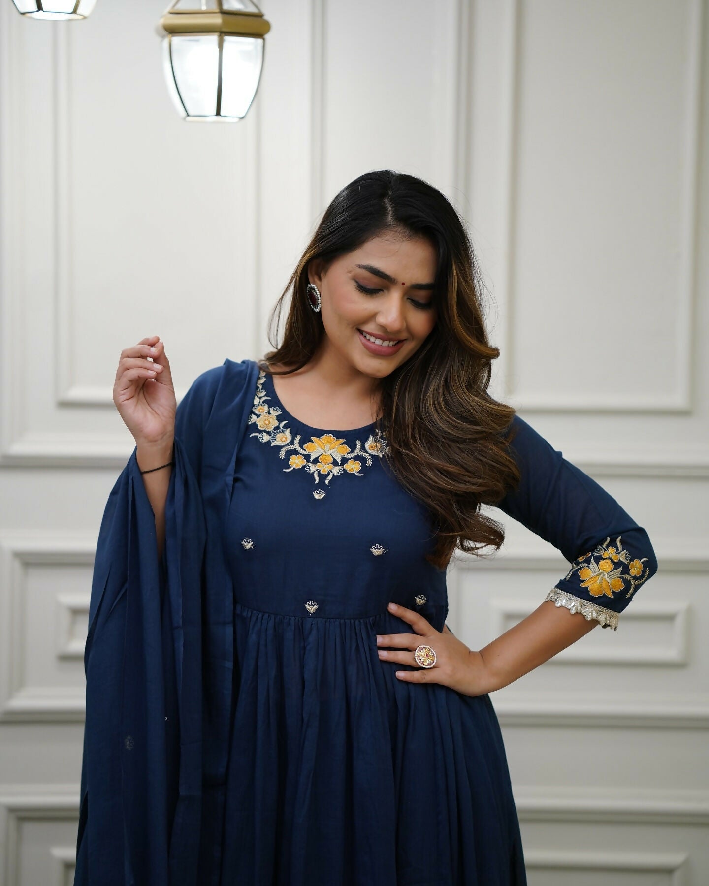 The52 Blue Women's Gorgeous Viscose Fabric Embroidered Work Flared Kurta Pant and Dupatta Set