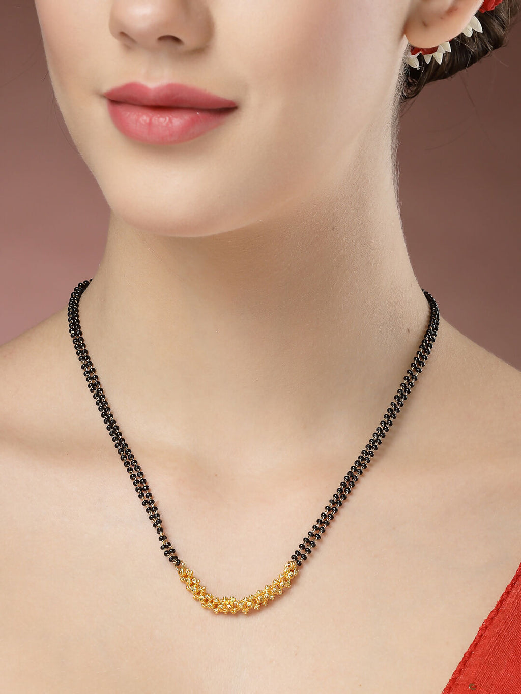 NVR Women's Set of 3 Gold-Polished CZ Stone-Studded & Beaded Mangalsutra