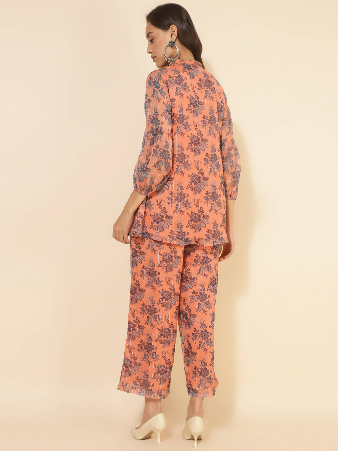 Janasya Women's Peach Chiffon Lurex Floral Printed Festive Regular Co-ords