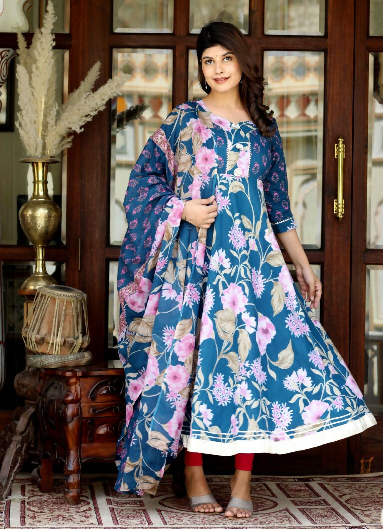 Miravan Women's Flower Printed Blue Anarkali Kurta And Dupatta