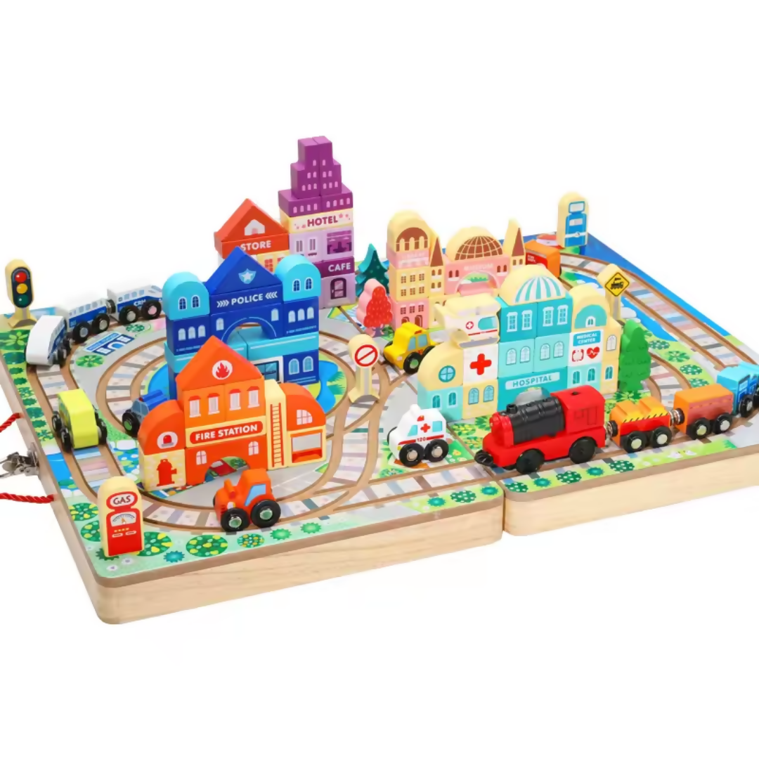 Nesta Toys Wooden Train Set with Building Blocks, Montessori Toys, City Building Toy, Cars & Vehicle Toys for Kids