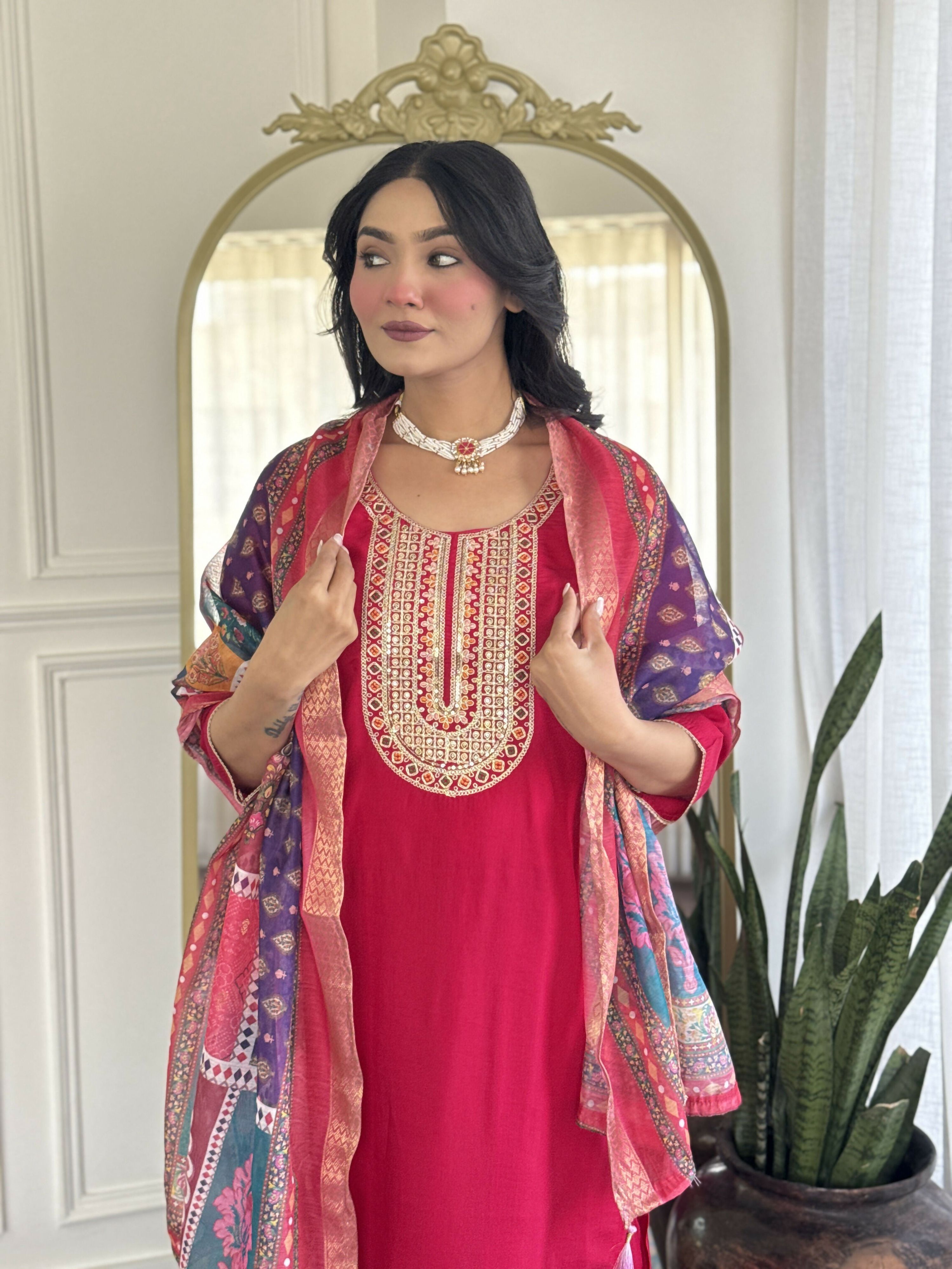 The52 Rani Gorgeous Embroidered Chanderi Silk Fabric Straight Kurta Pant with Dupatta Set