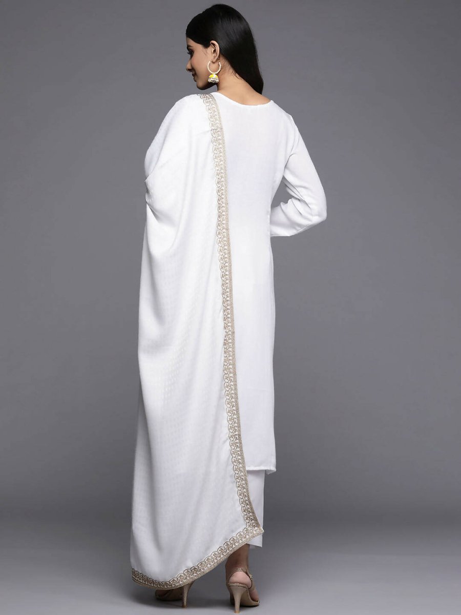 Ahalyaa Women White Ethnic Motifs Embroidered Aari Work Pashmina Kurta with Salwar & With Dupatta
