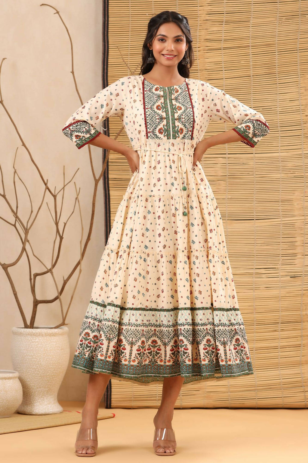 Juniper Women Ivory Cambric Printed Tiered Dress