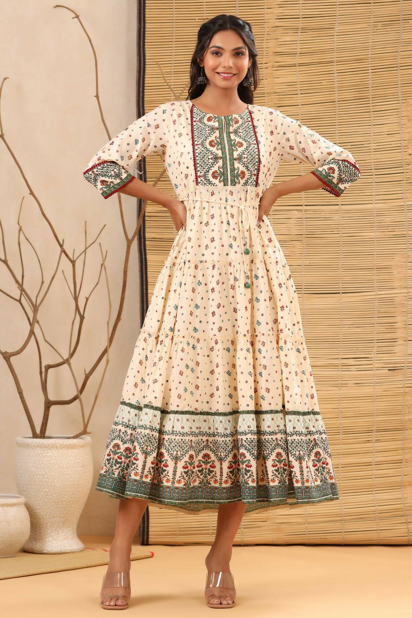 Juniper Women Ivory Cambric Printed Tiered Dress