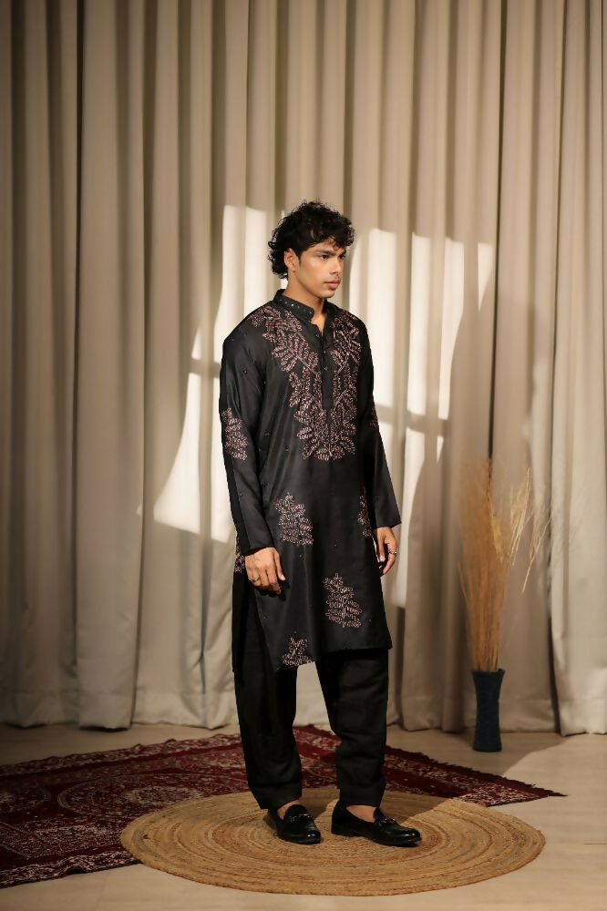Black Greek Satin Designer Embroidery Work Kurta Set - Mahotsav
