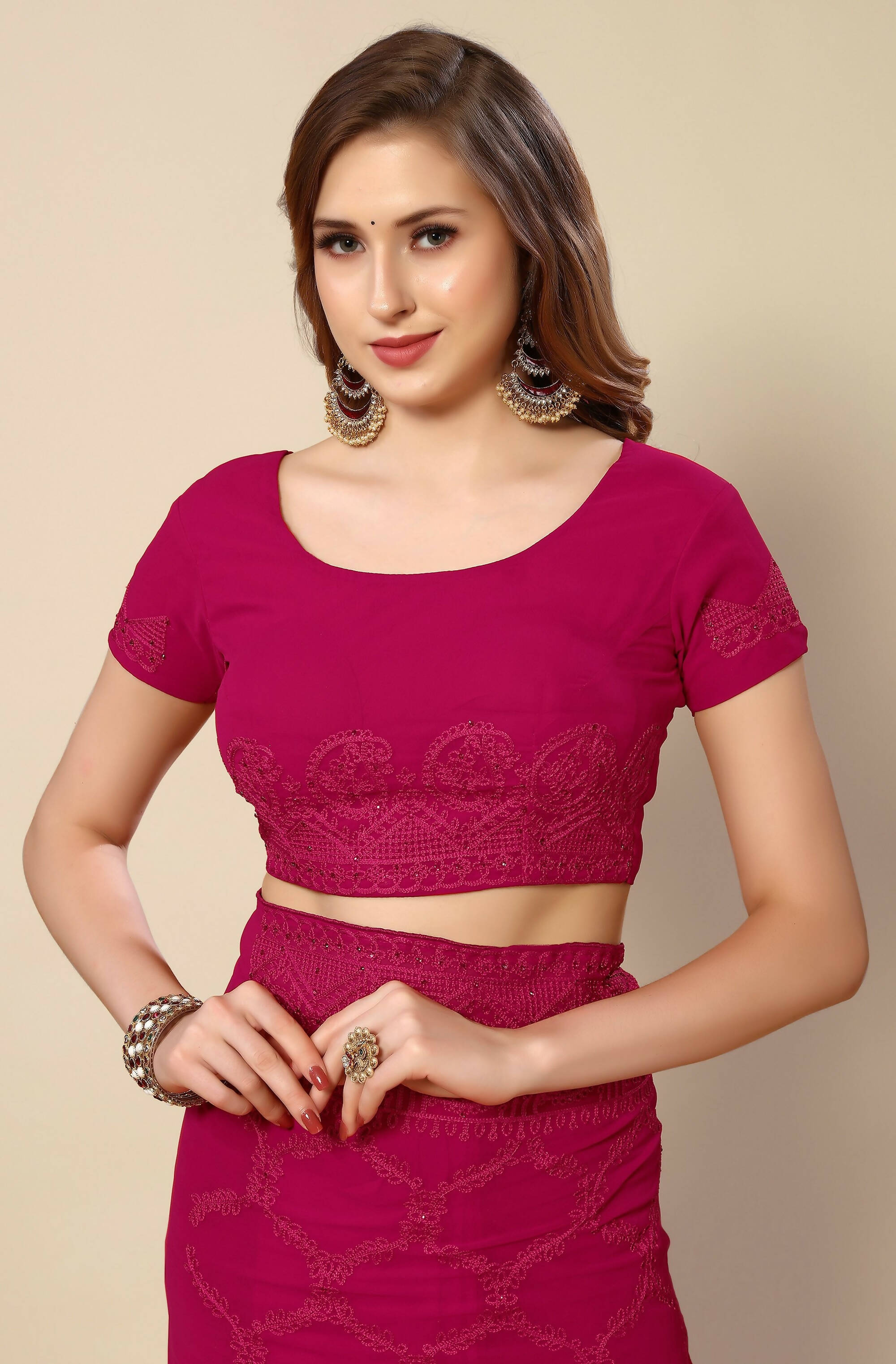 Pink Georgette Embroidered and Stone Work Saree with Unstitched Blouse Piece - Roozal