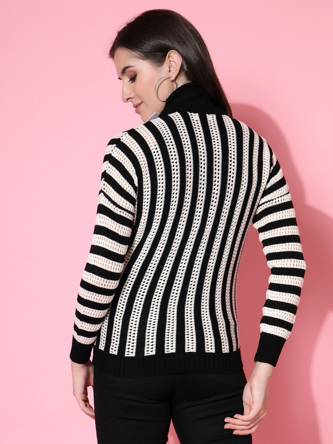 Women Black Acrylic Stripe Cardigan - Wool Trees