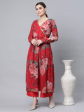 Ahalyaa Women Red Georgette Digital Floral Printed Kurta Palazzo Set