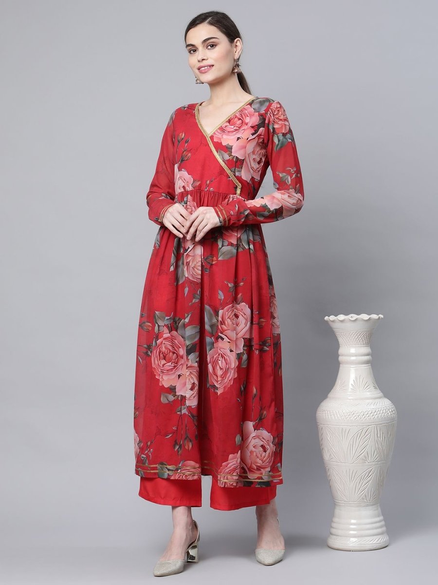 Ahalyaa Women Red Georgette Digital Floral Printed Kurta Palazzo Set