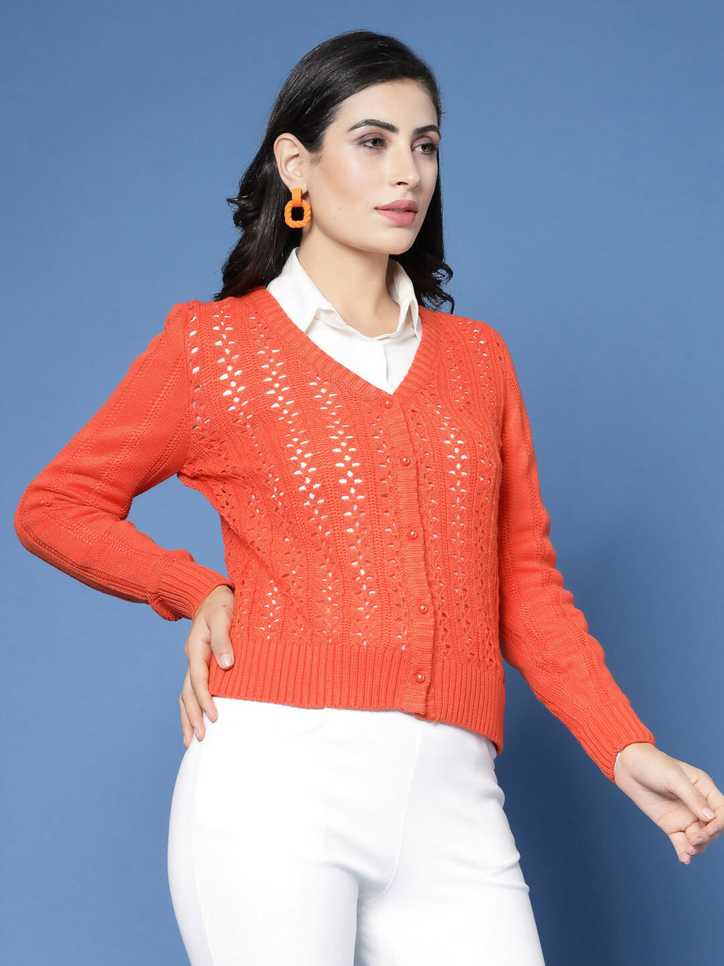 Women Pointelle Rust Acrylic Winter Cardigan - Wool Trees