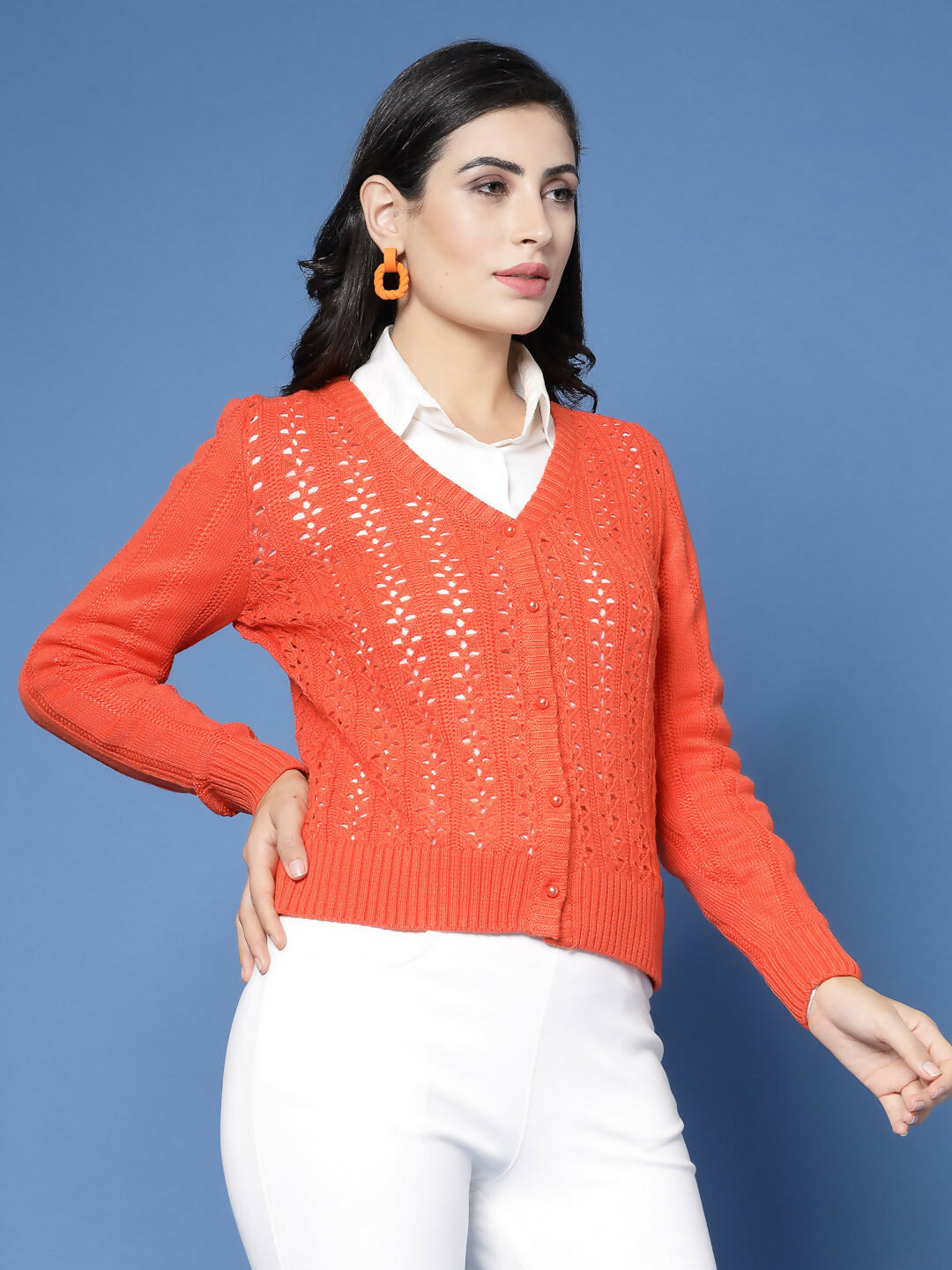 Women Pointelle Rust Acrylic Winter Cardigan - Wool Trees