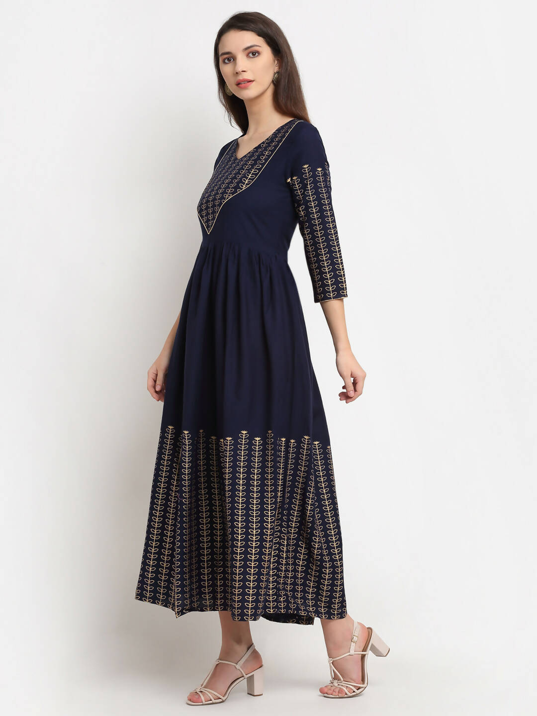 Rudra Bazaar Gold Printed A-line flared Blue kurti