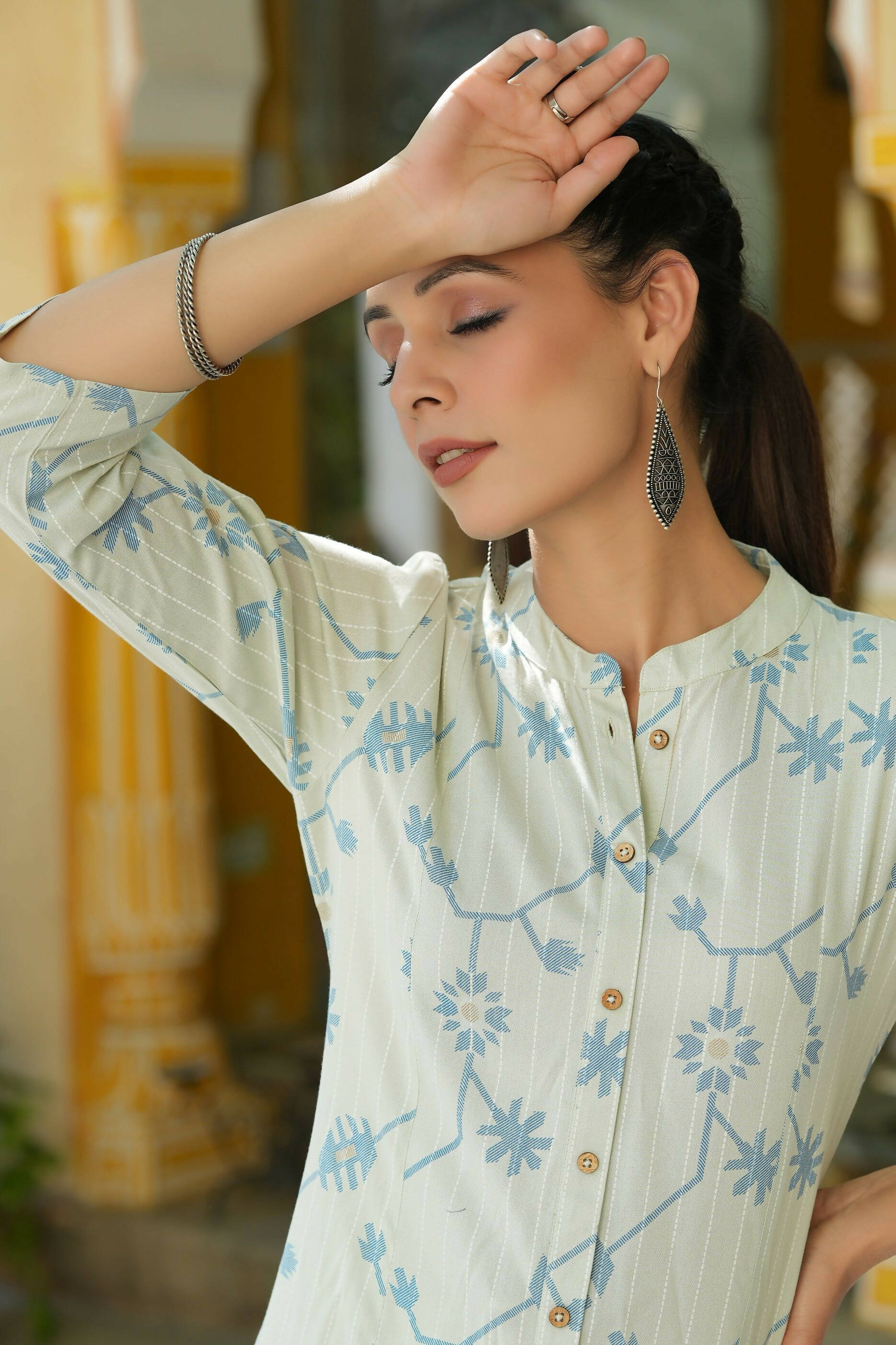Juniper Women's Sky Blue Rayon Staple Printed A-Line Kurta