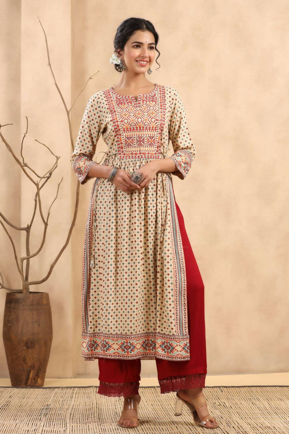 Juniper Women's Beige Rayon Printed Embroidered Straight Kurta