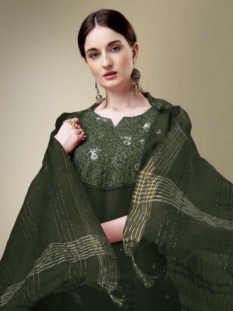 Jyoti Fashion Women's Dark Green Cotton Blend Embroidery & Fancy Lace work Kurta with Trouser & Dupatta
