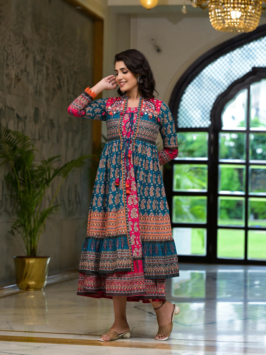 Juniper Women's Teal Ethnic Motif Printed Cotton Dress With Coins Thread & Mirror Work