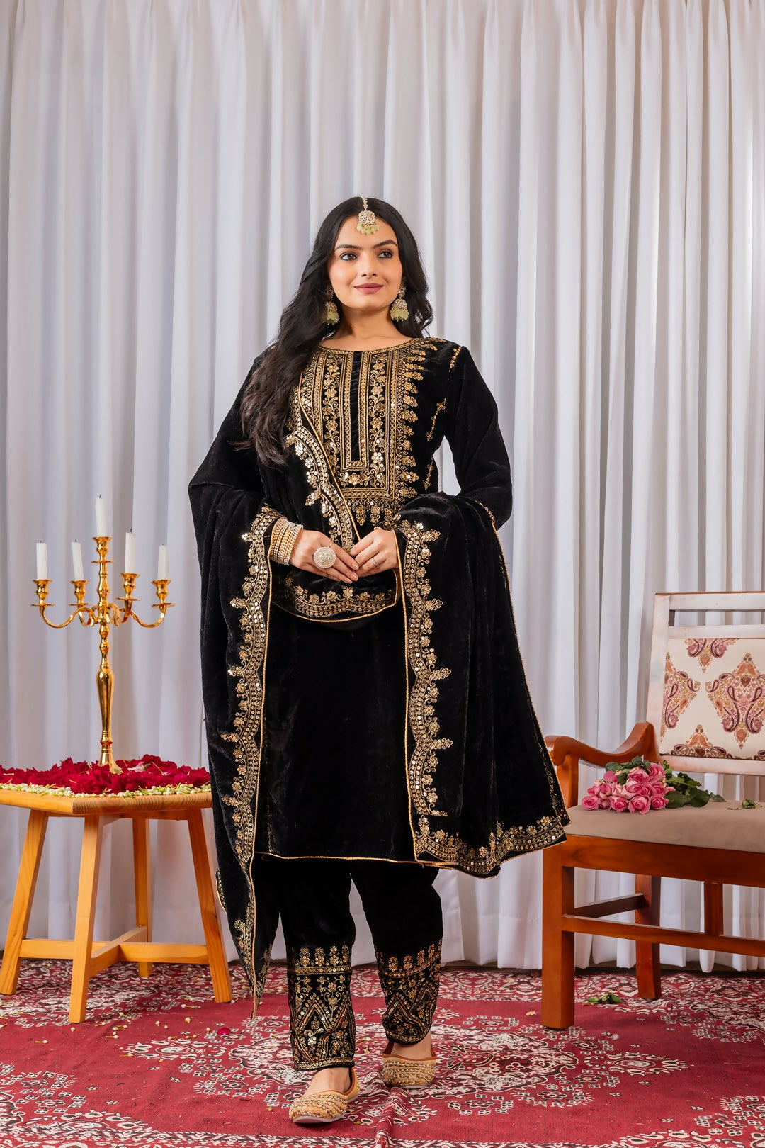 Joban Fashion Black Velvet Sequence Embroidery Work Kurta Set
