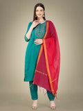 Jyoti Fashion Women's Rama Cotton Magic Slub Embroidery & Sequence work Kurta with Trouser & Dupatta
