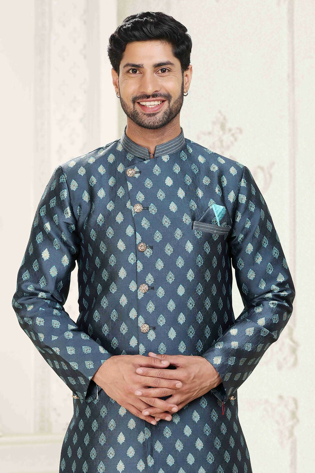 Raivat Ethnic Banarasi Jacquard Embroidery Semi Indo Western Sherwani In Grey Blue Colour