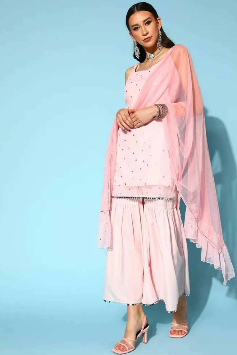 Ahalyaa Women Pink Colour Crepe Silver Foil Printed Kurta Sharara Set