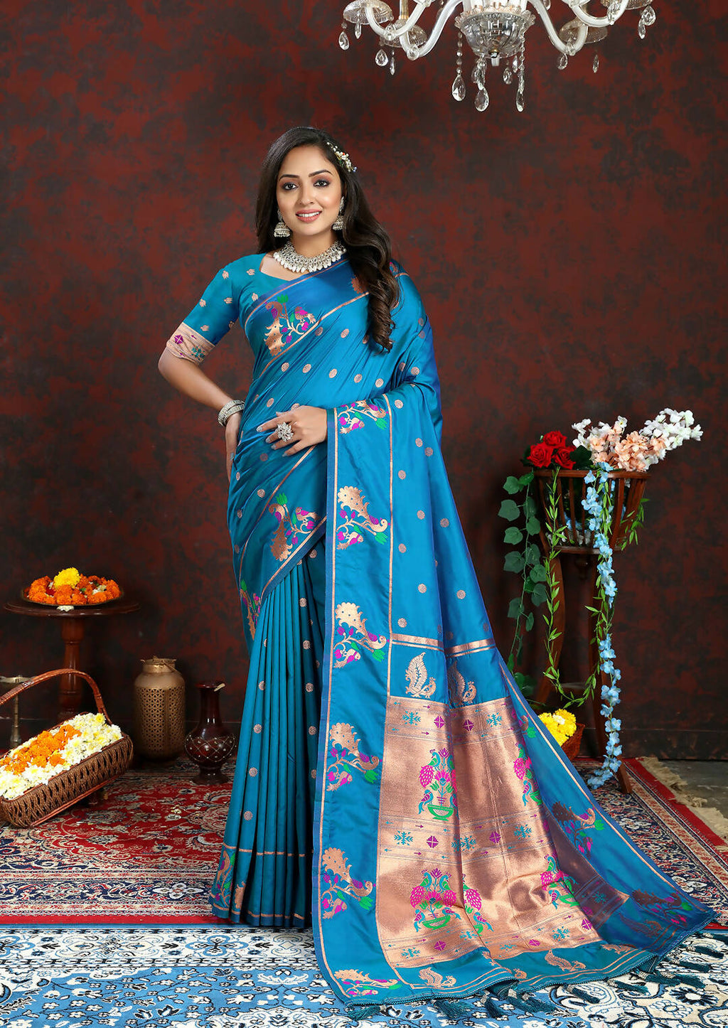 Lorenvalley Fashion Rama Soft Paithani Silk Woven Design Copper Zari Meenakari Weaving Saree