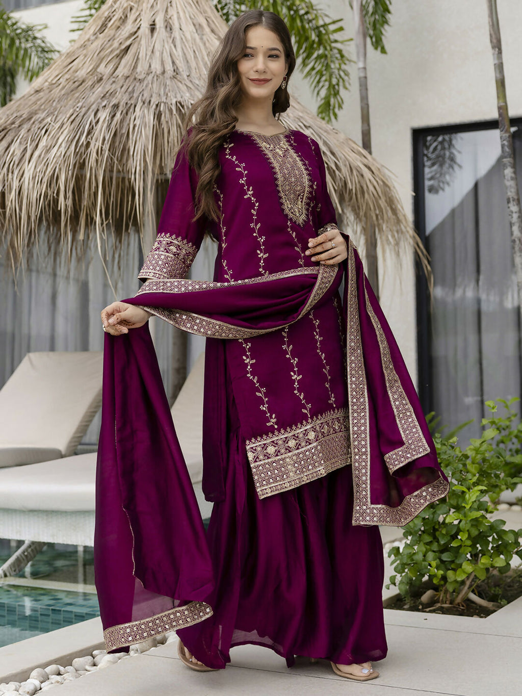The52 Wine Beautiful Embroidered Vichitra Silk Fabric Straight Kurta, Palazzo and Dupatta Set