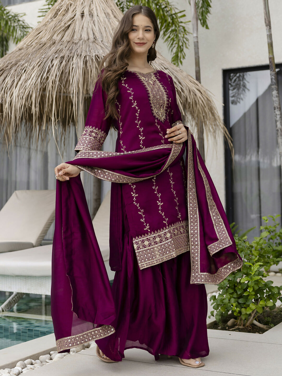 The52 Wine Beautiful Embroidered Vichitra Silk Fabric Straight Kurta, Palazzo and Dupatta Set