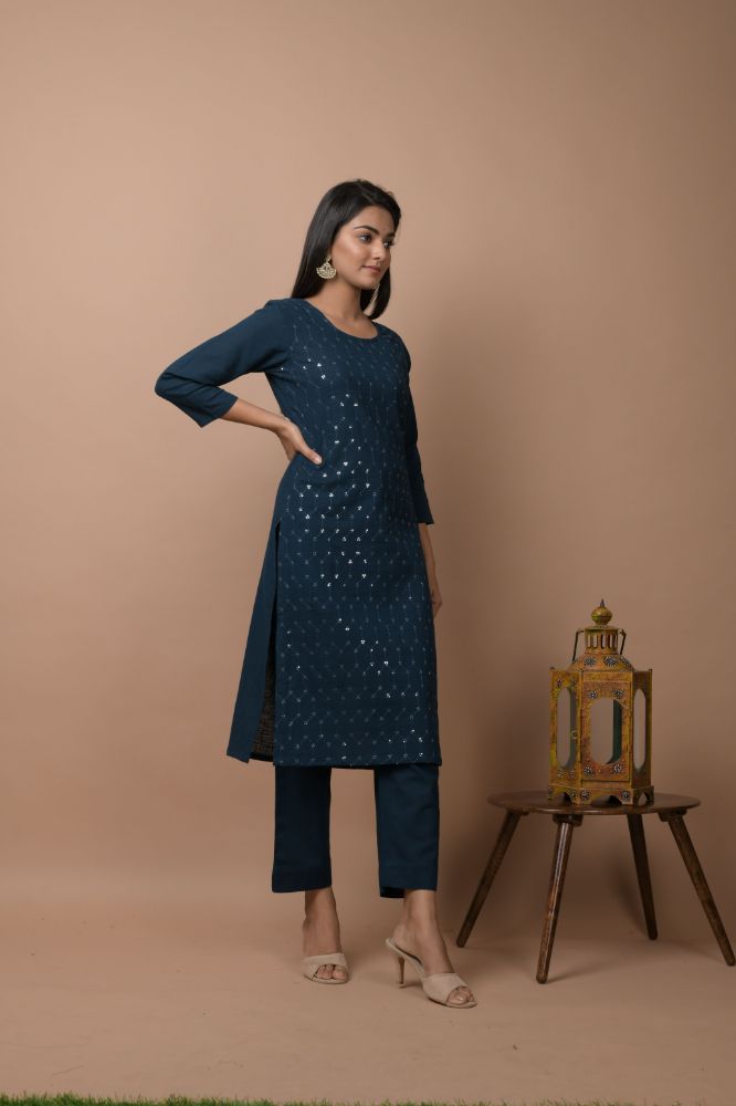 Kaajh Women's Navy Blue Solid Sequins Embellished Kurta Pant Set