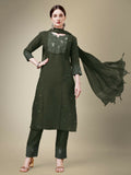 Jyoti Fashion Women's Dark Green Cotton Blend Embroidery & Fancy Lace work Kurta with Trouser & Dupatta