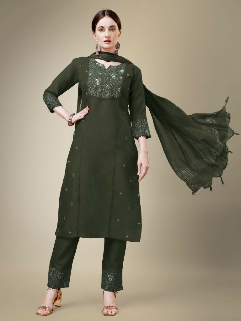 Jyoti Fashion Women's Dark Green Cotton Blend Embroidery & Fancy Lace work Kurta with Trouser & Dupatta