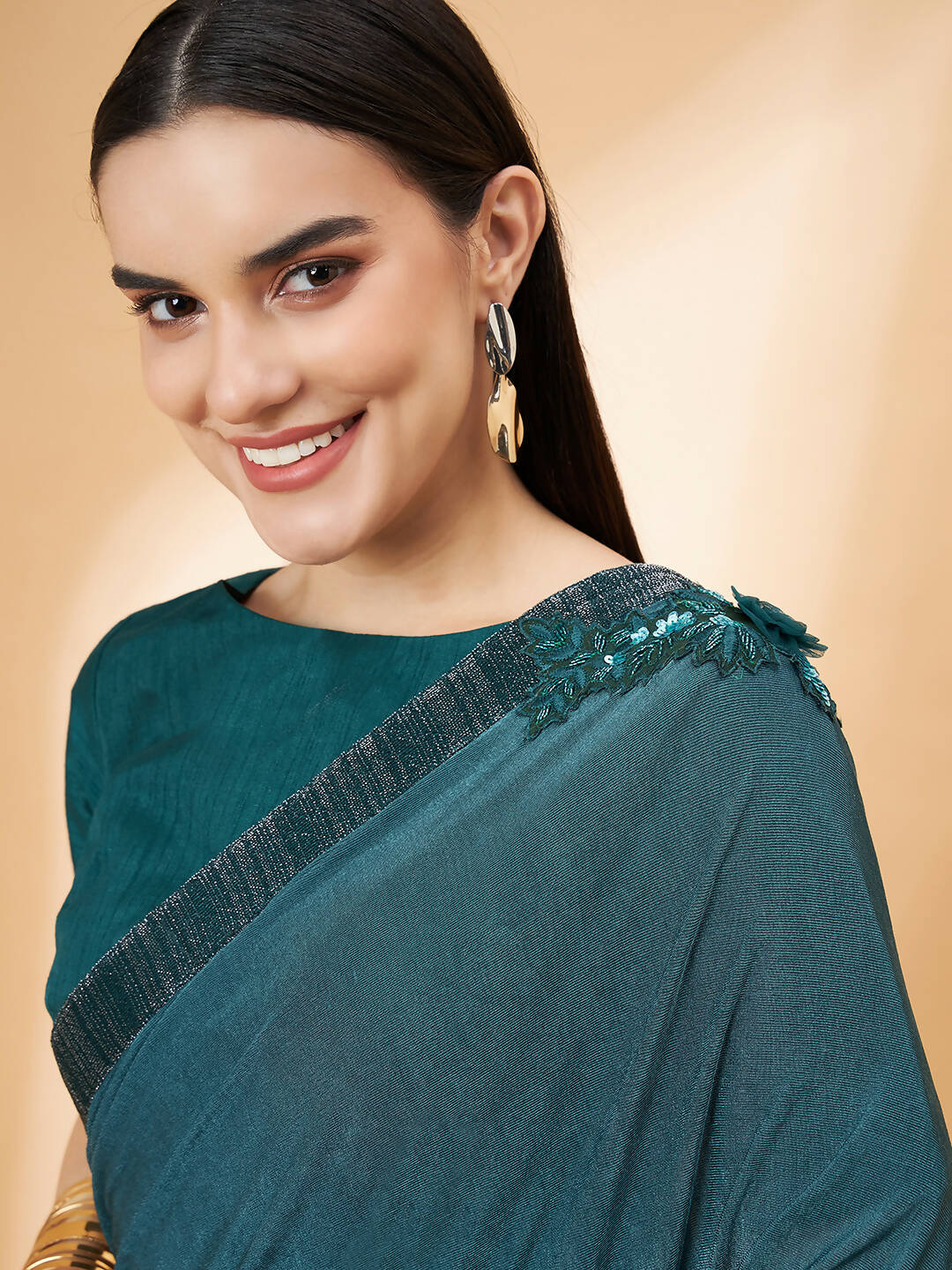 Green Lycra Flock Work, Seuqins Embroidery, Handwork Shoulder Butta Saree - Norita Hit Design