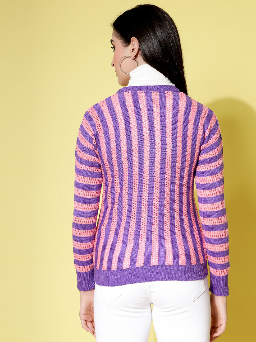 Women Violet Acrylic Stripe Cardigan - Wool Trees