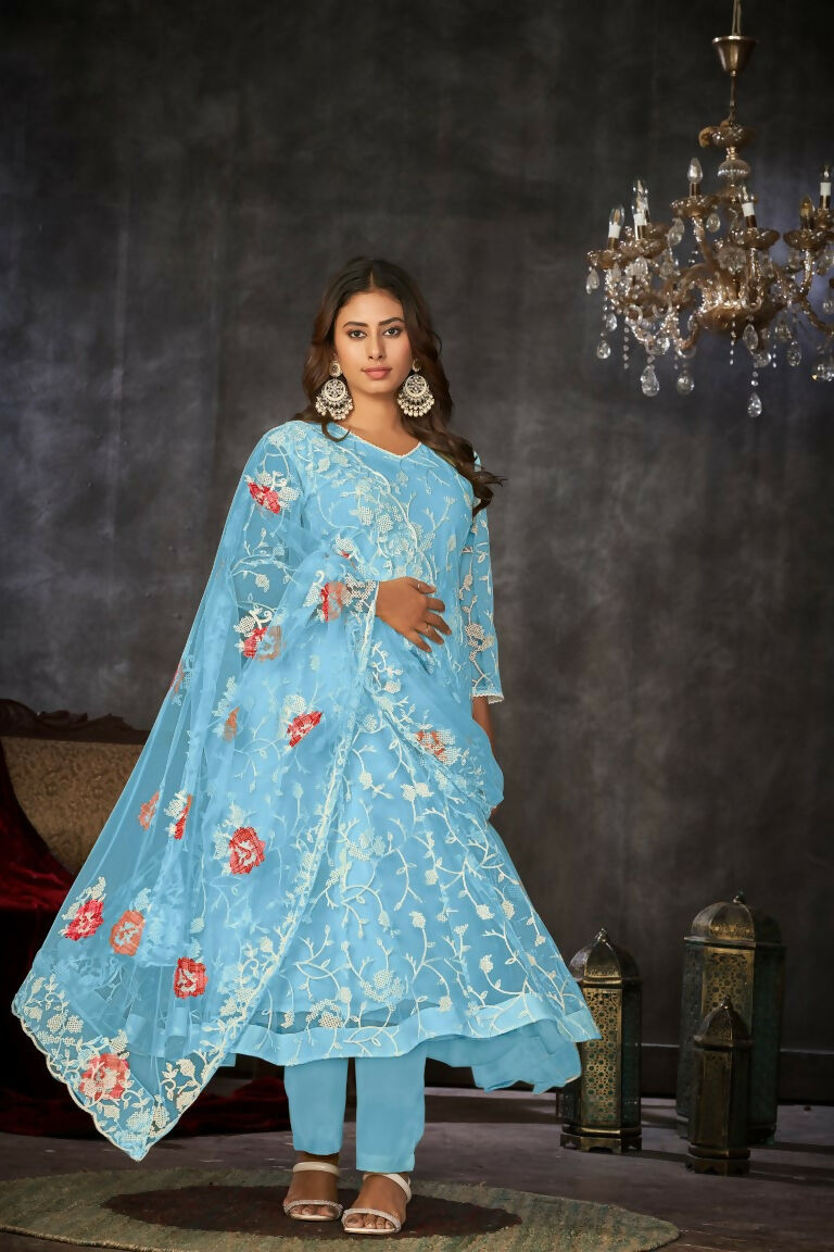 Jyoti Fashion Women's Sky Blue Net Embroidered Anarkali Kurta Pant Set With Dupatta