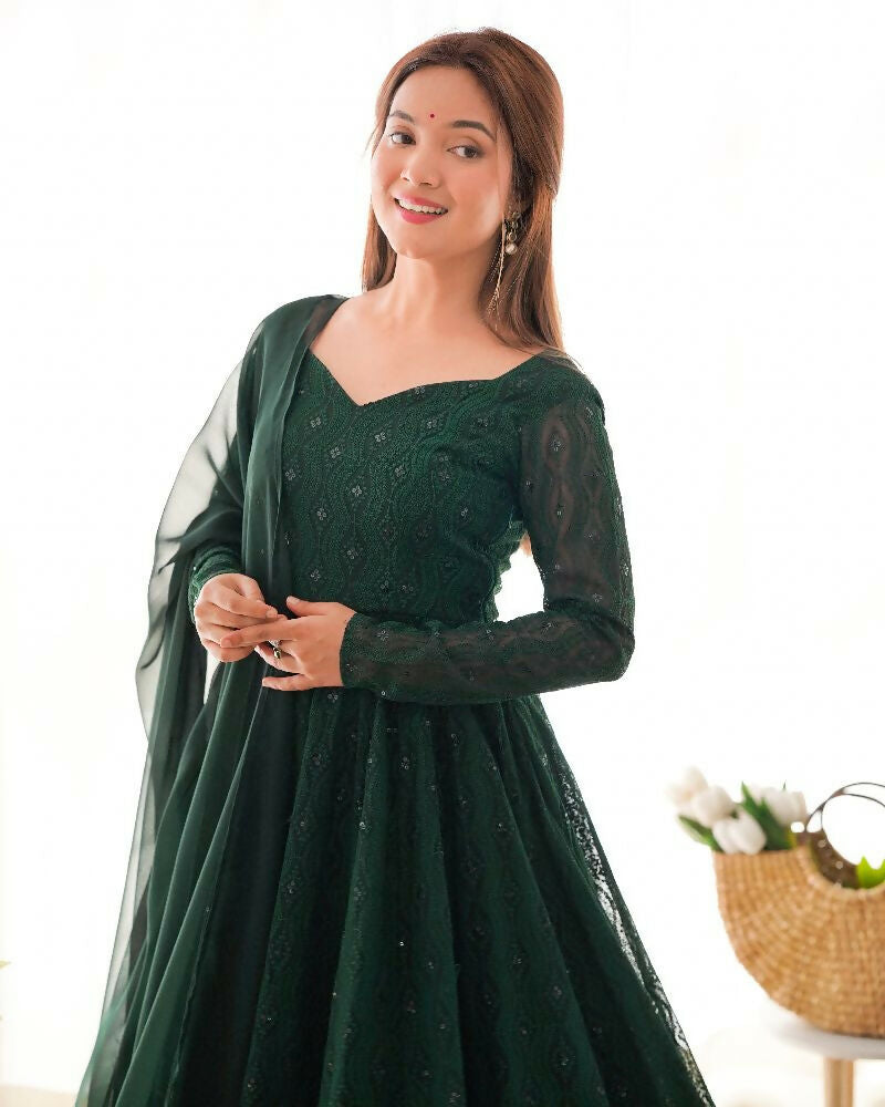 Joban Fashion Green Kurta Set Georgette Sequence Embroidery Work