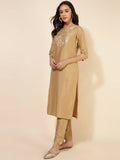 Janasya Women's Gold Crepe Silk Yoke Embroidery Festive Straight Kurta Set
