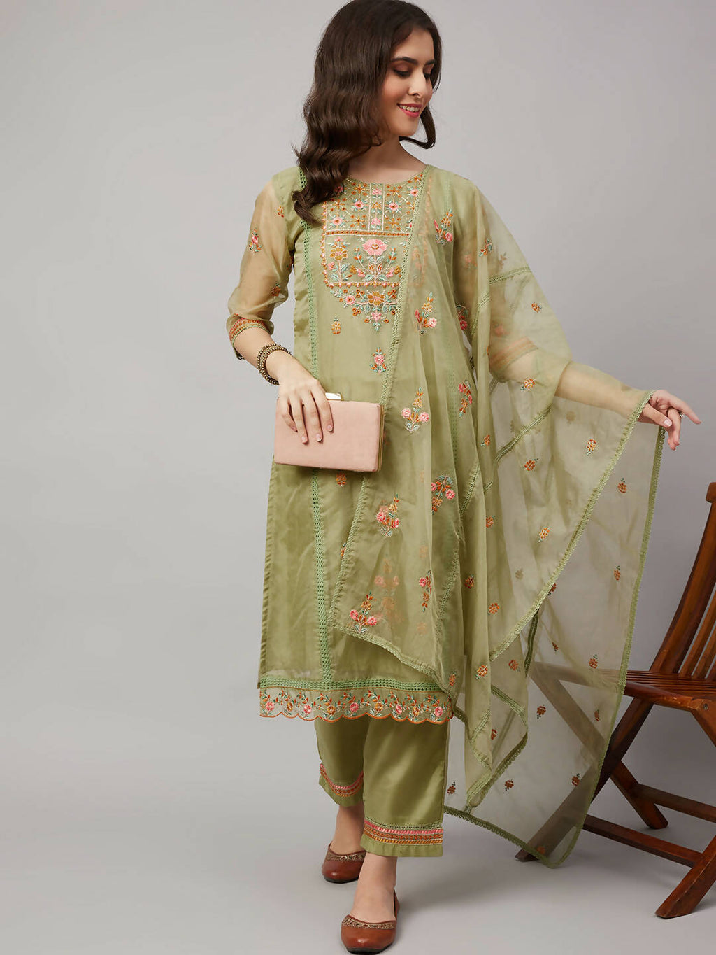 Green Organza Embroidered Kurta with Bottom & Dupatta - Salimar