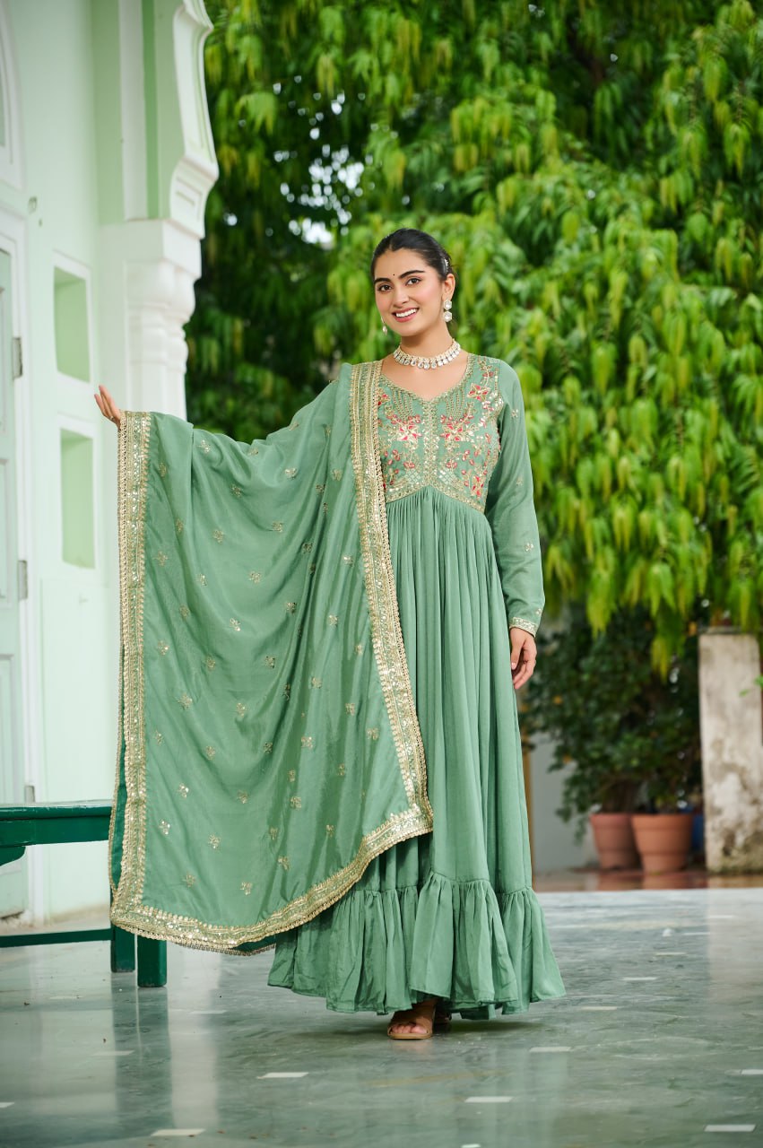 Lehenga Mart Premium Readymade Gown With Dupatta Set For Women-Pista Green
