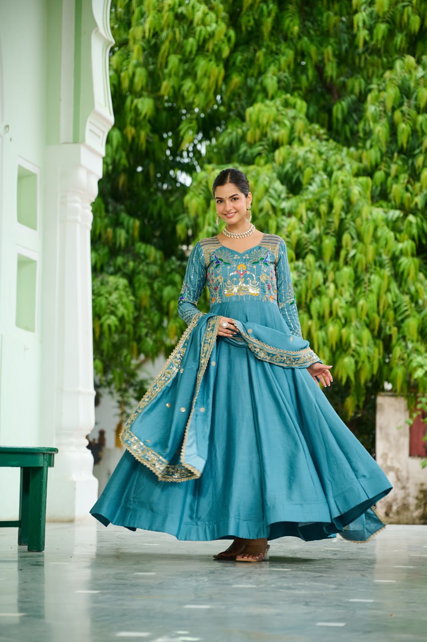 Lehenga Mart Premium Readymade Gown With Dupatta Set For Women-Sky Blue