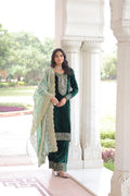Lehenga Mart Designer Velvet Ready To Wear Kurta Pant With Dupatta For Women-Green