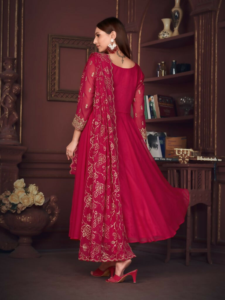 Jyoti Fashion Women's Rani Pink Georgette Embroidered Anarkali Kurta Pant Set With Dupatta