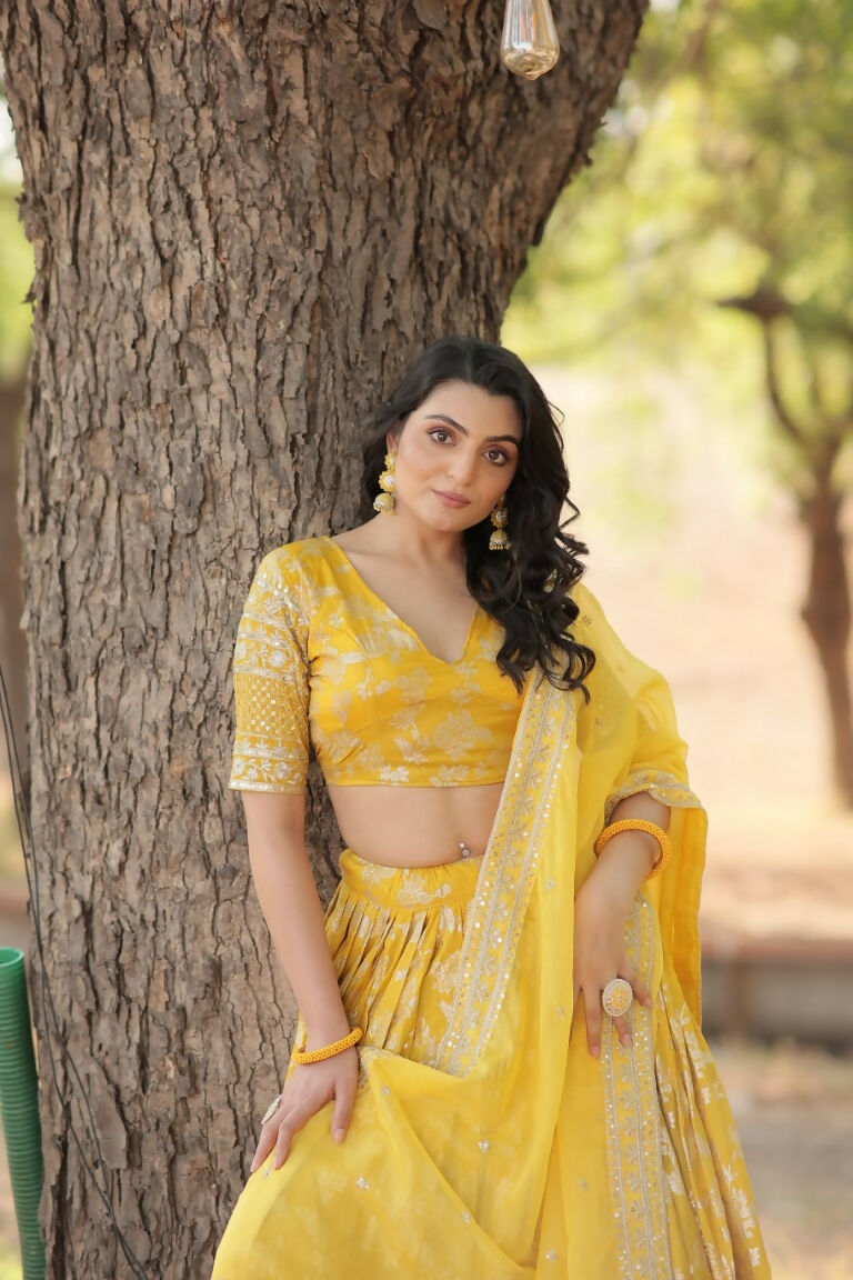 Vastranavya Designer Dyeable Pure Viscose Jacquard Fabric Lehenga Choli & Dupatta Set - Yellow