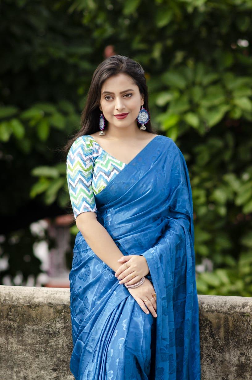 Blue Silk Blend Ethnic Motifs Saree with Unstitched Blouse - A2M