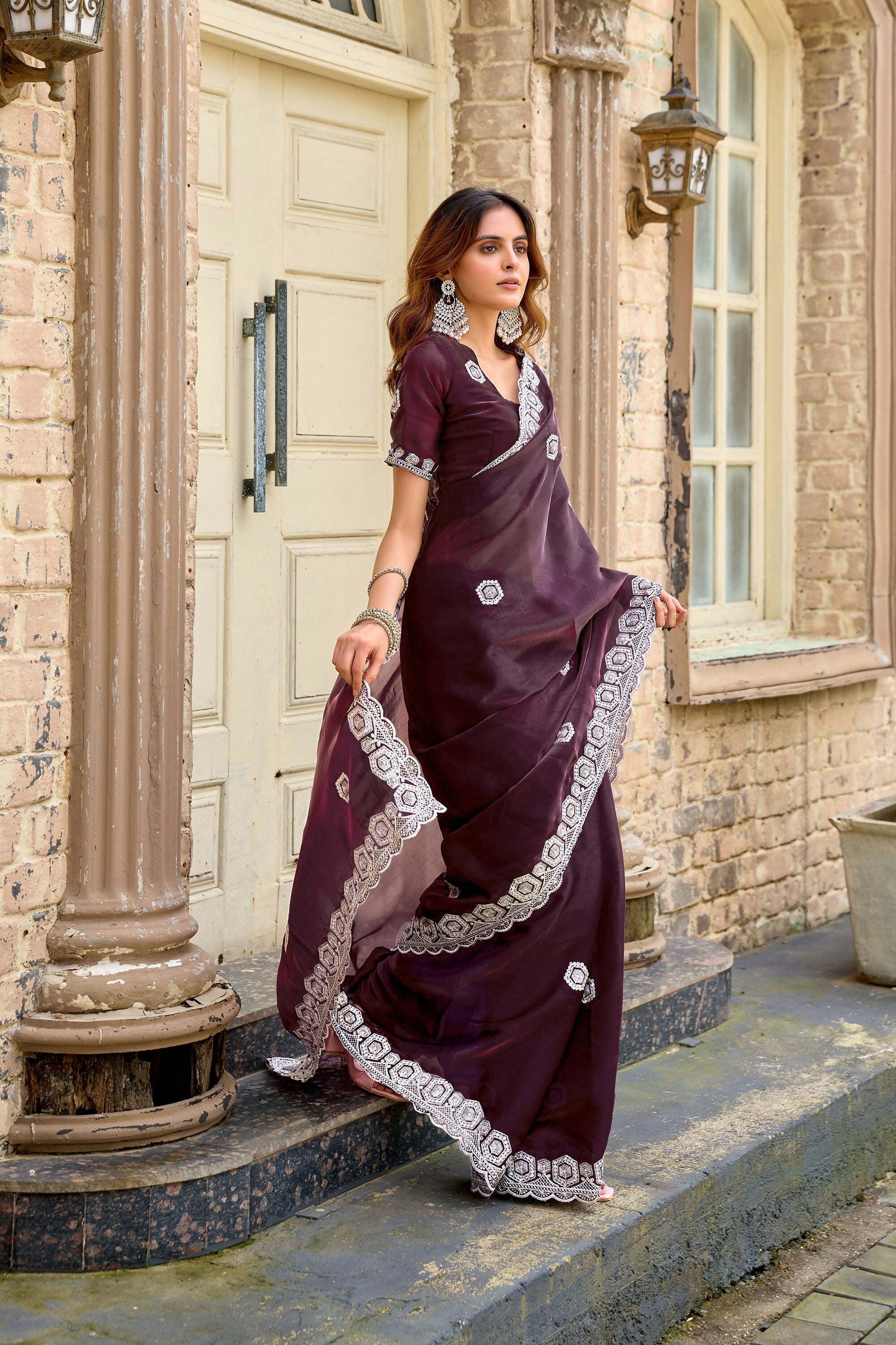 Vastranavya Wine Embroidery Work Shimmer Chiffon Saree with Unstitched Blouse
