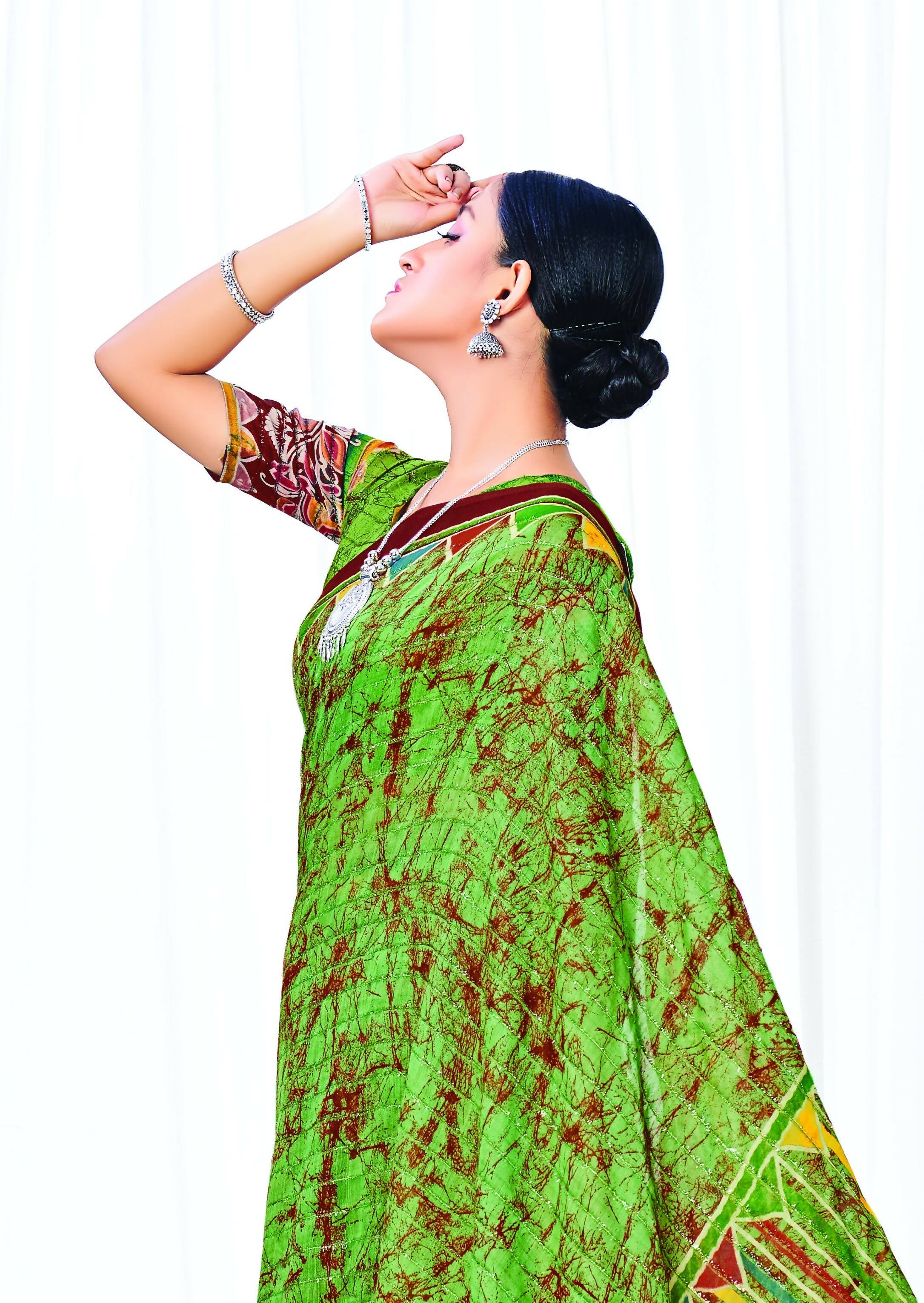 Dark Green Chanderi Cotton Floral Printed Saree With Unstitched Blouse Piece - Kathika