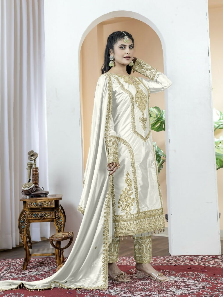 Teeya Creation White Color Chinnon Silk Embroidery Work Fully Stitched Salwar Suit