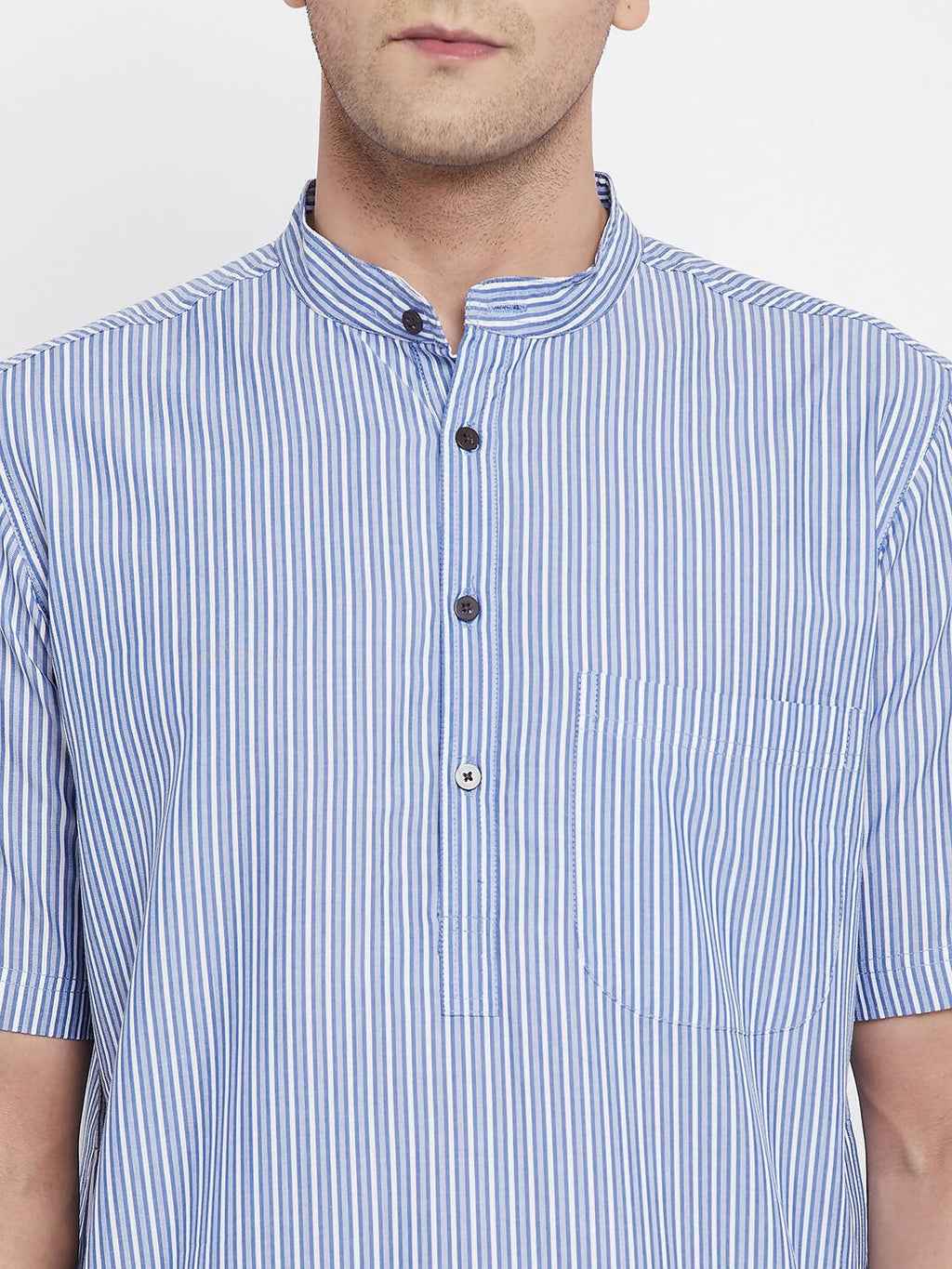 Even Apparels Blue Men's H/S Pure Cotton Kurta With Band Collar