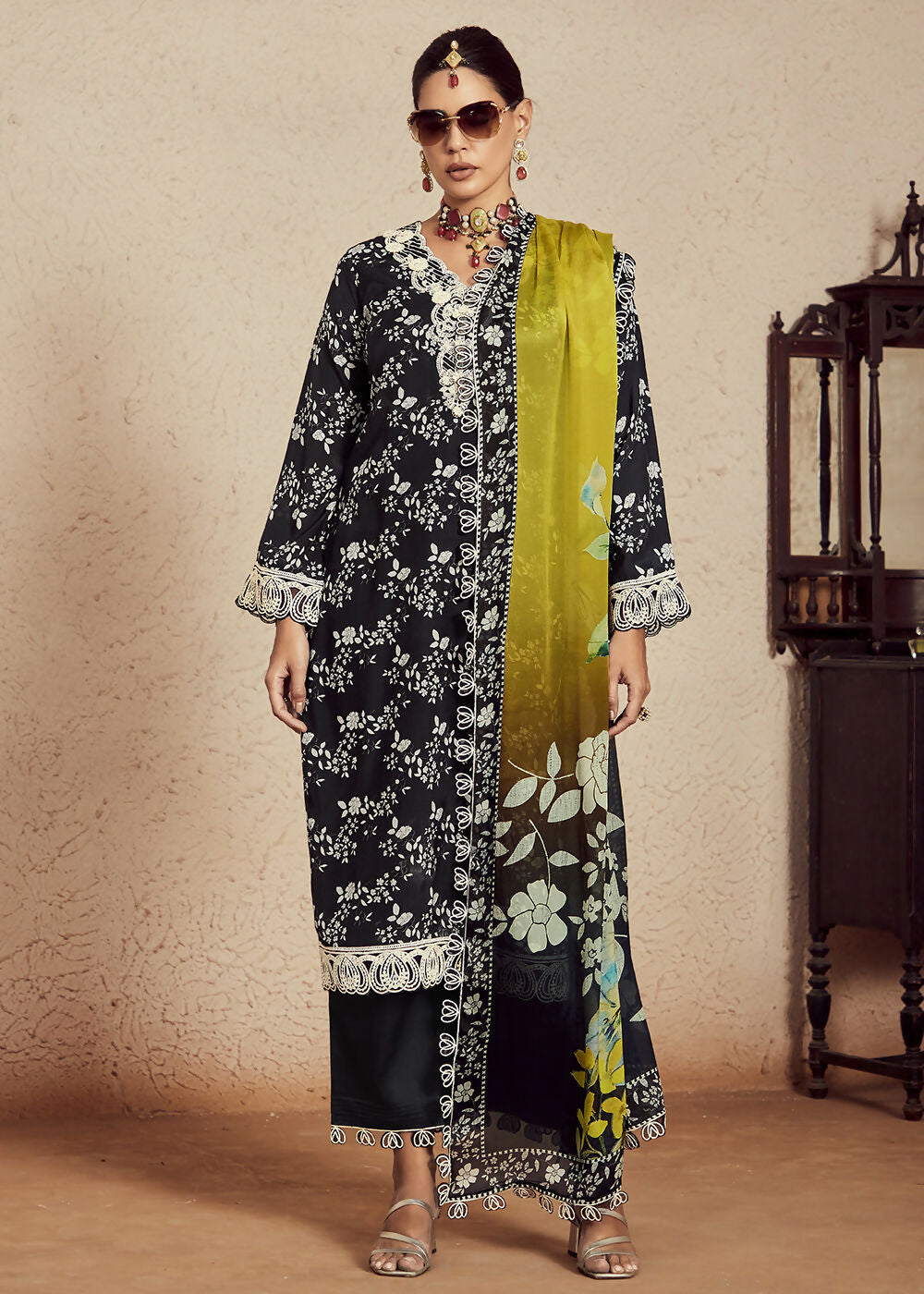 Black Muslin Cotton Digital Print & Embroidered Salwar Suit - Emponline